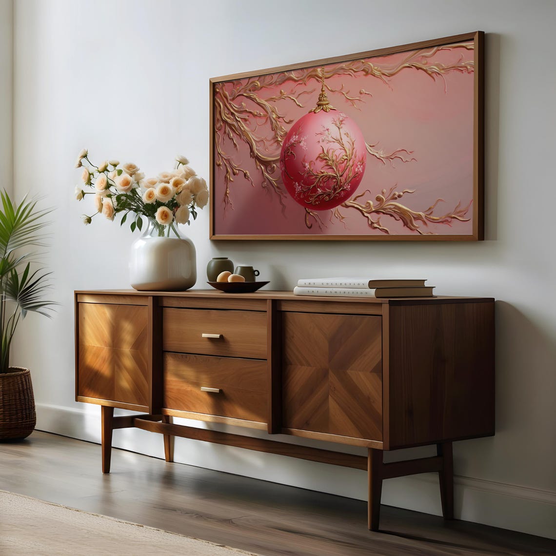 Pink Christmas Bauble With Gold Branches Textured 3D Art Frame Poster - Image 2