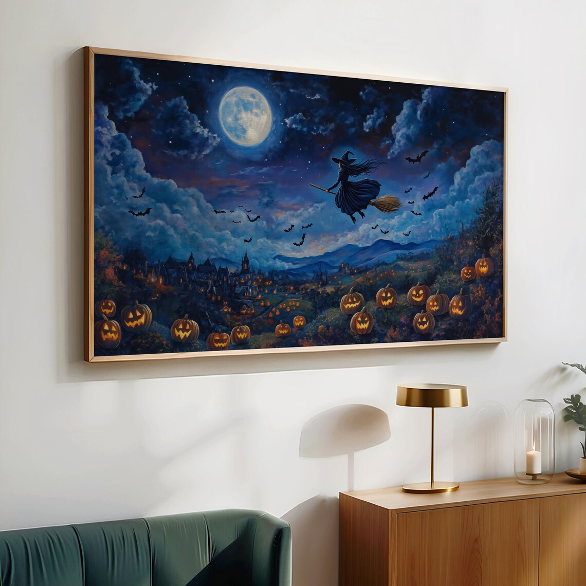 Witch Flying Under Full Moon Over a Field of Jack O Lanterns Halloween Wall Art - Image 4