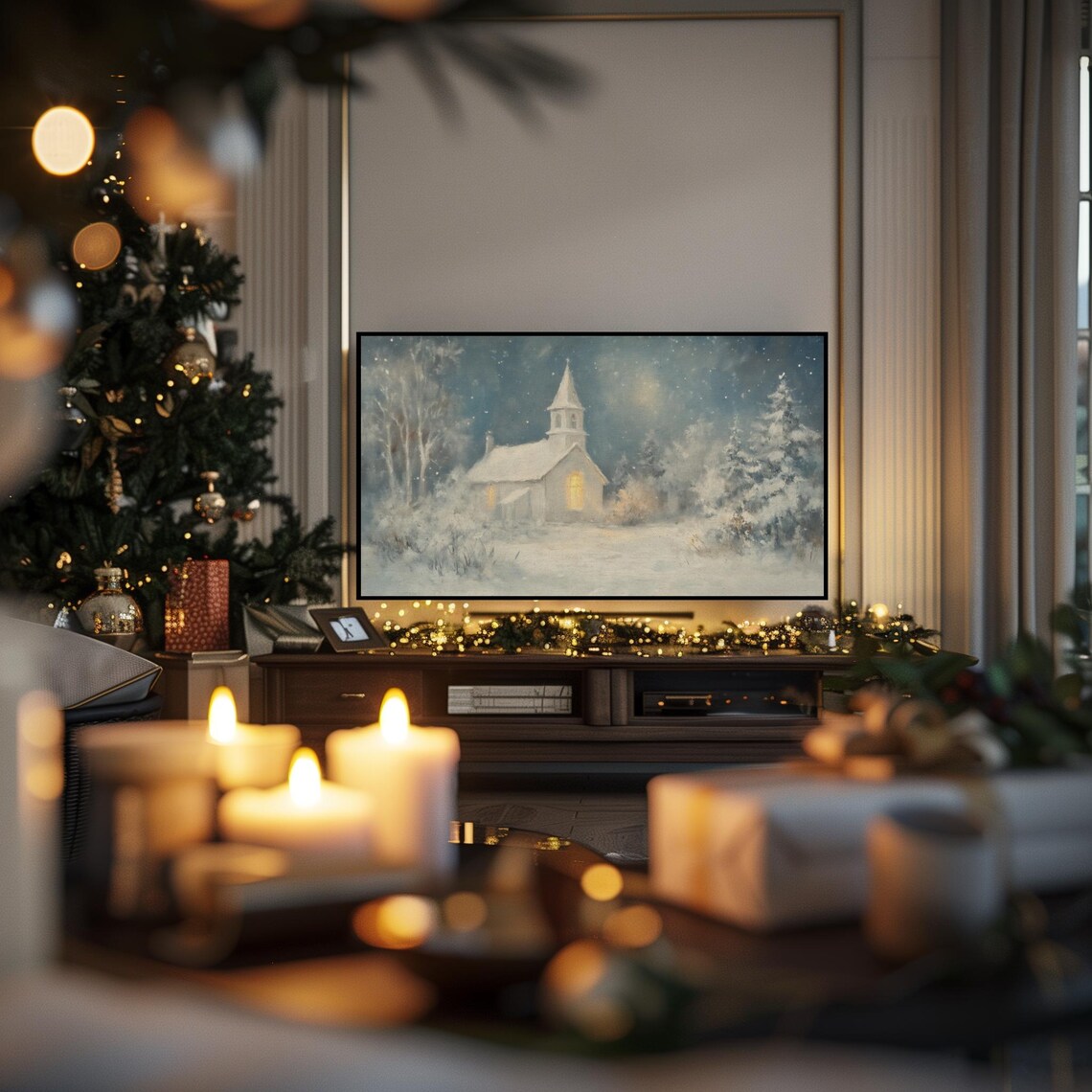 Snowy Church on Christmas Eve Glowing Windows Peaceful Winter Poster - Image 3