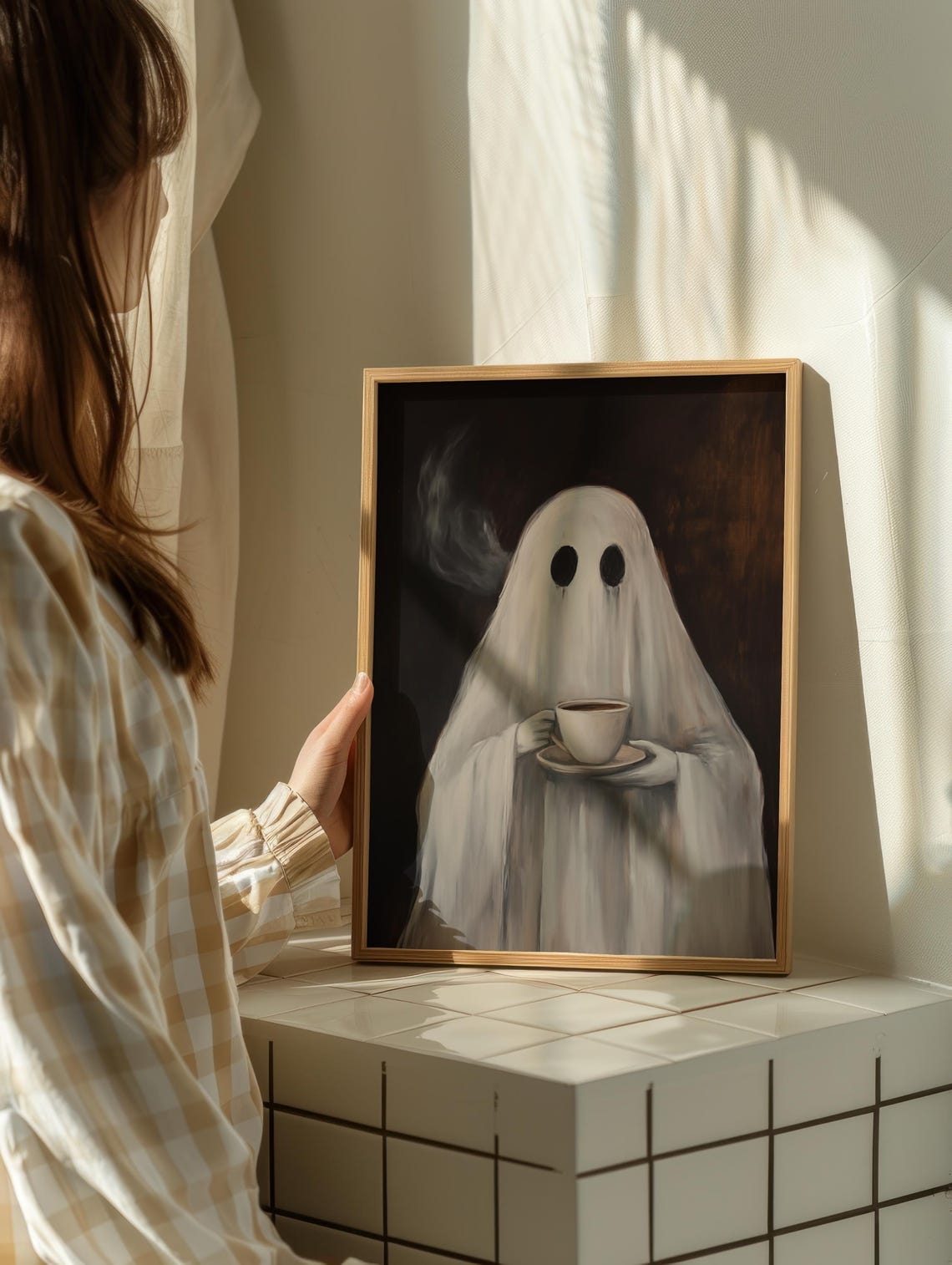 Sheet Ghost Holding Teacup Vintage Oil Painting Style Poster - Image 2