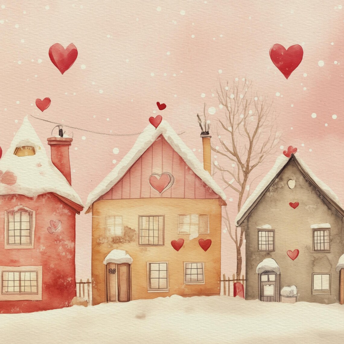 Snowy Pink Valentine Village Hearts Watercolor Winter Wall Art Poster - Image 4