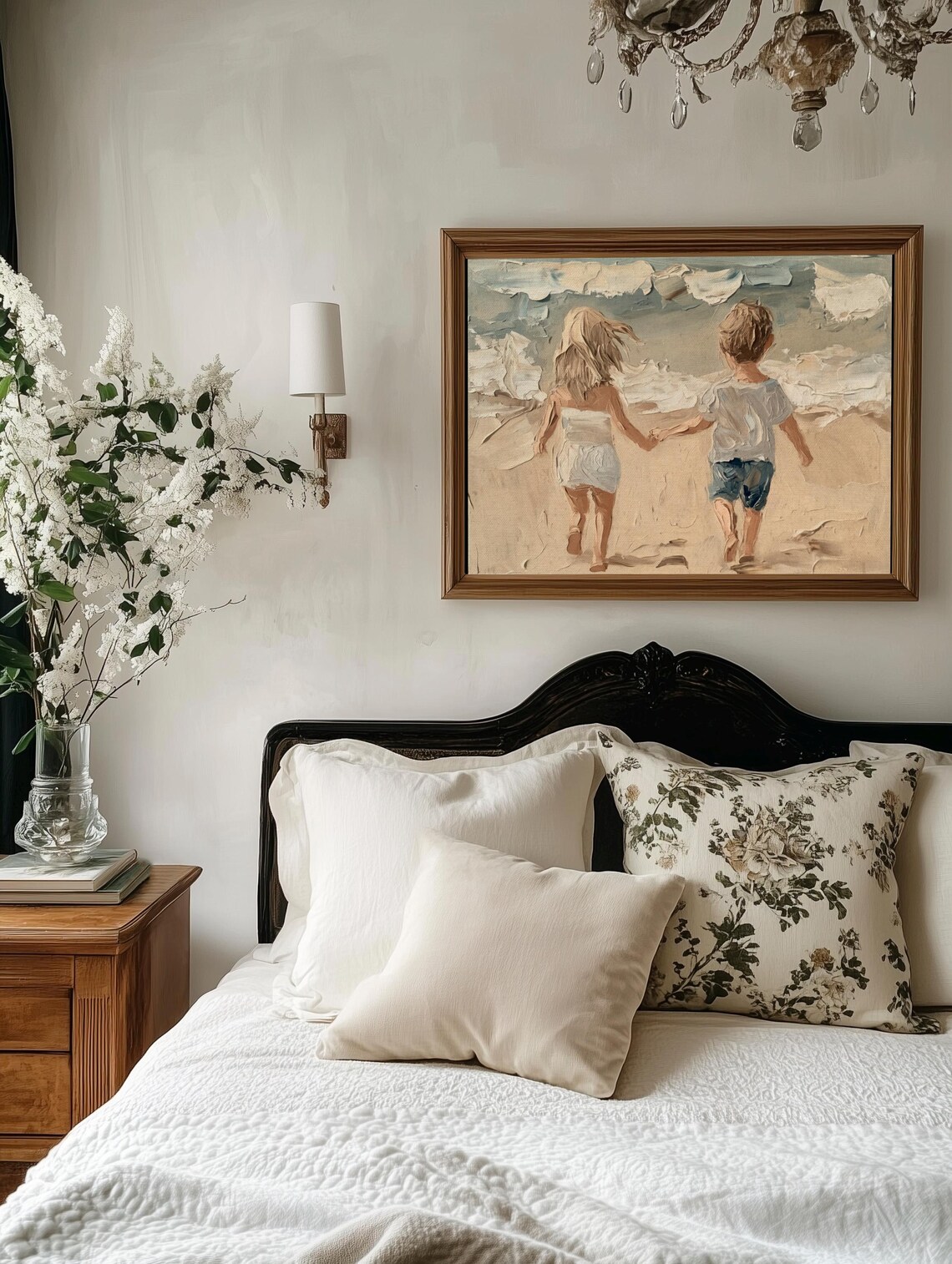 Two Children Holding Hands Walking Into Ocean Waves Coastal Painting Print - Image 2