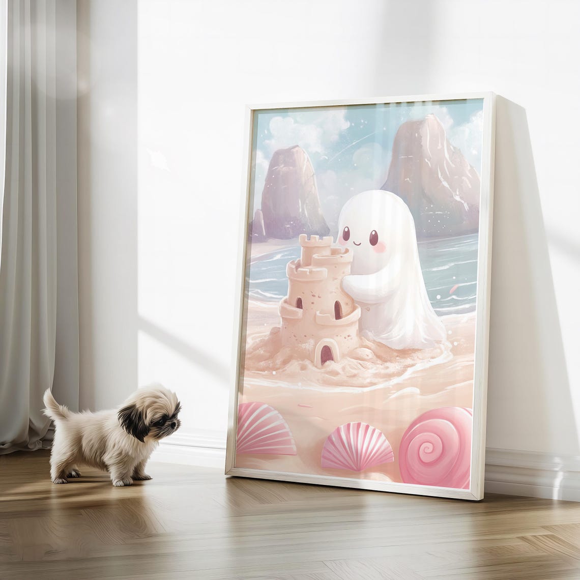 Cute Ghost Building Sandcastle Art Kawaii Halloween Decor Whimsical Beach Scene Pastel Wall Art Wall Decor - Image 3