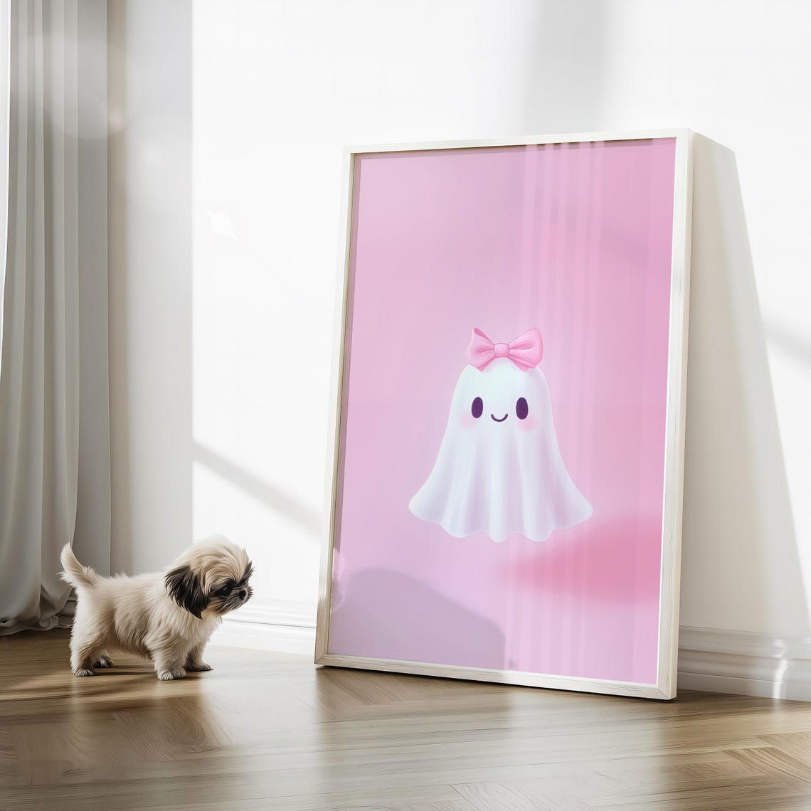 Cute Smiling Ghost With Pink Bow Pastel Halloween Art Poster - Image 3