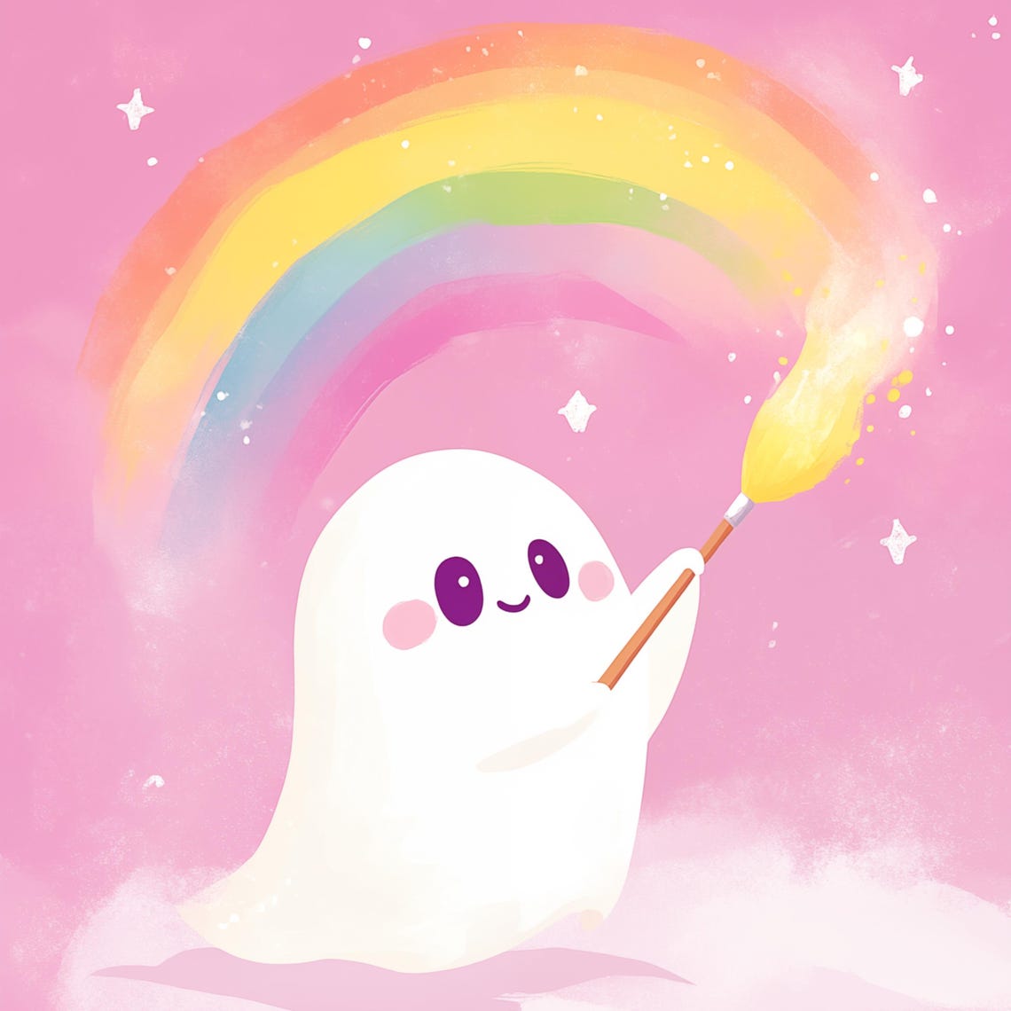 Cute Ghost Painting A Big Rainbow With Magic Brush Pink Poster - Image 4