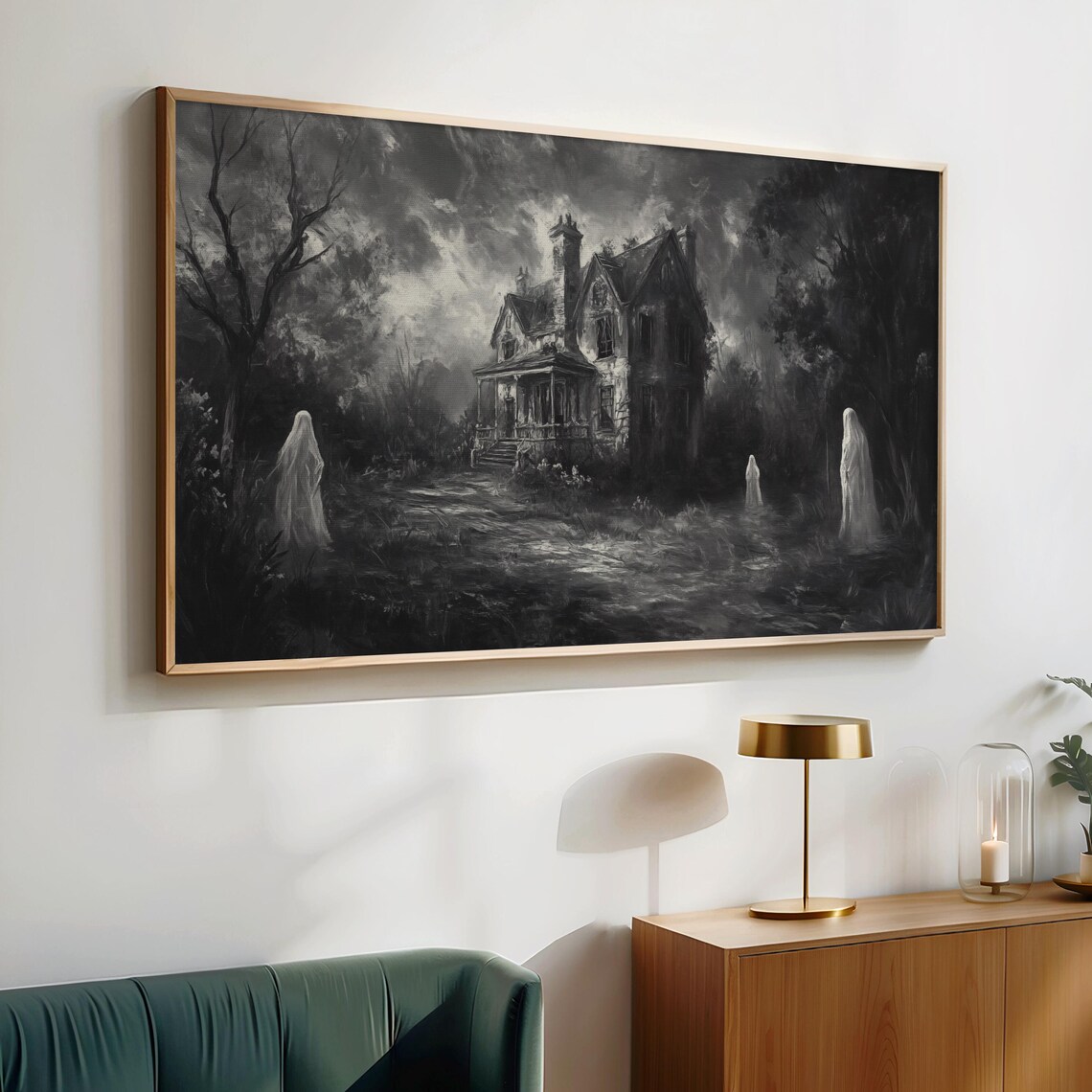 Haunted Mansion With Ghosts Black and White Monochrome Vintage Halloween Wall Art - Image 4