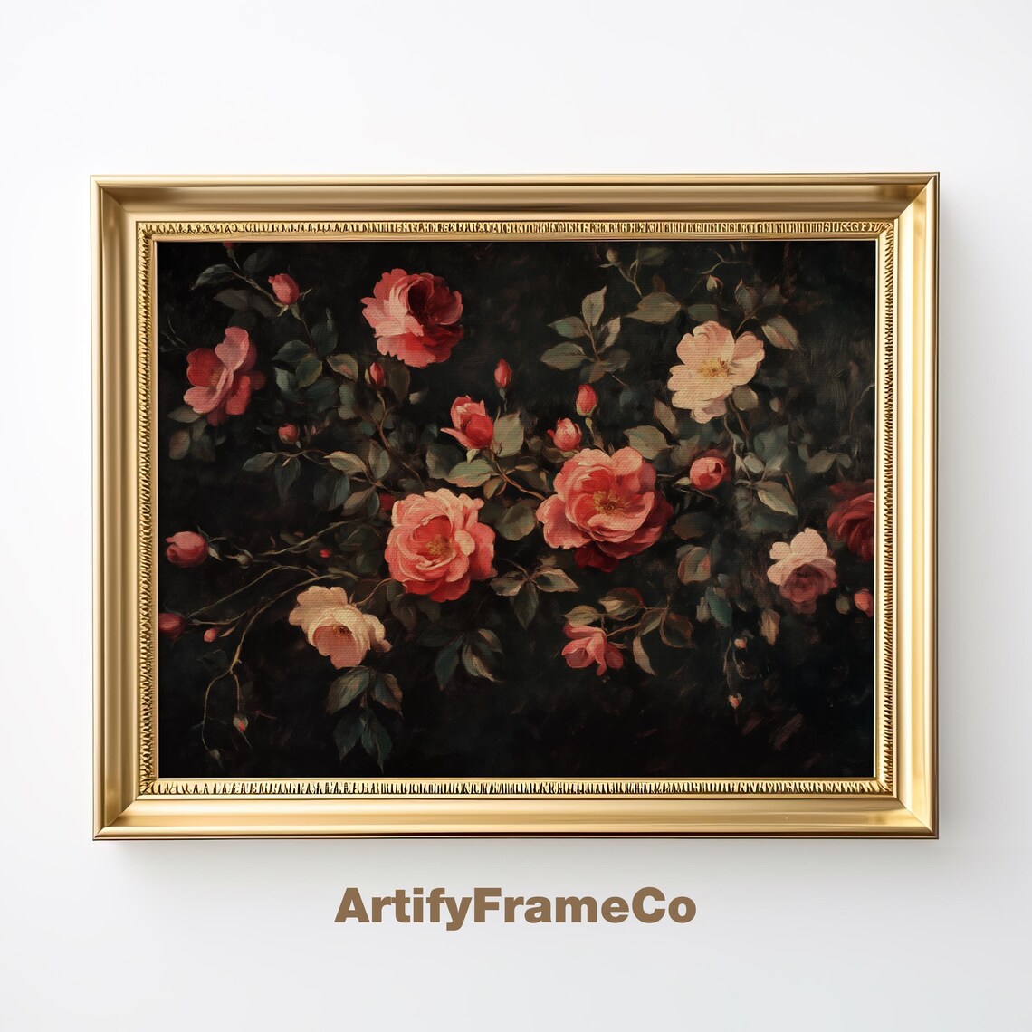 Coral Red Roses On Dark Background Vintage Romantic Floral Art Print