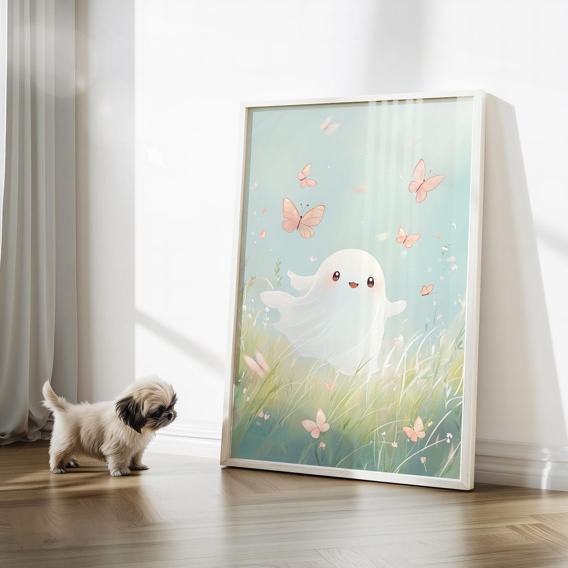 Cute Ghost Dancing Happily In Meadow With Butterflies Spring Poster - Image 3