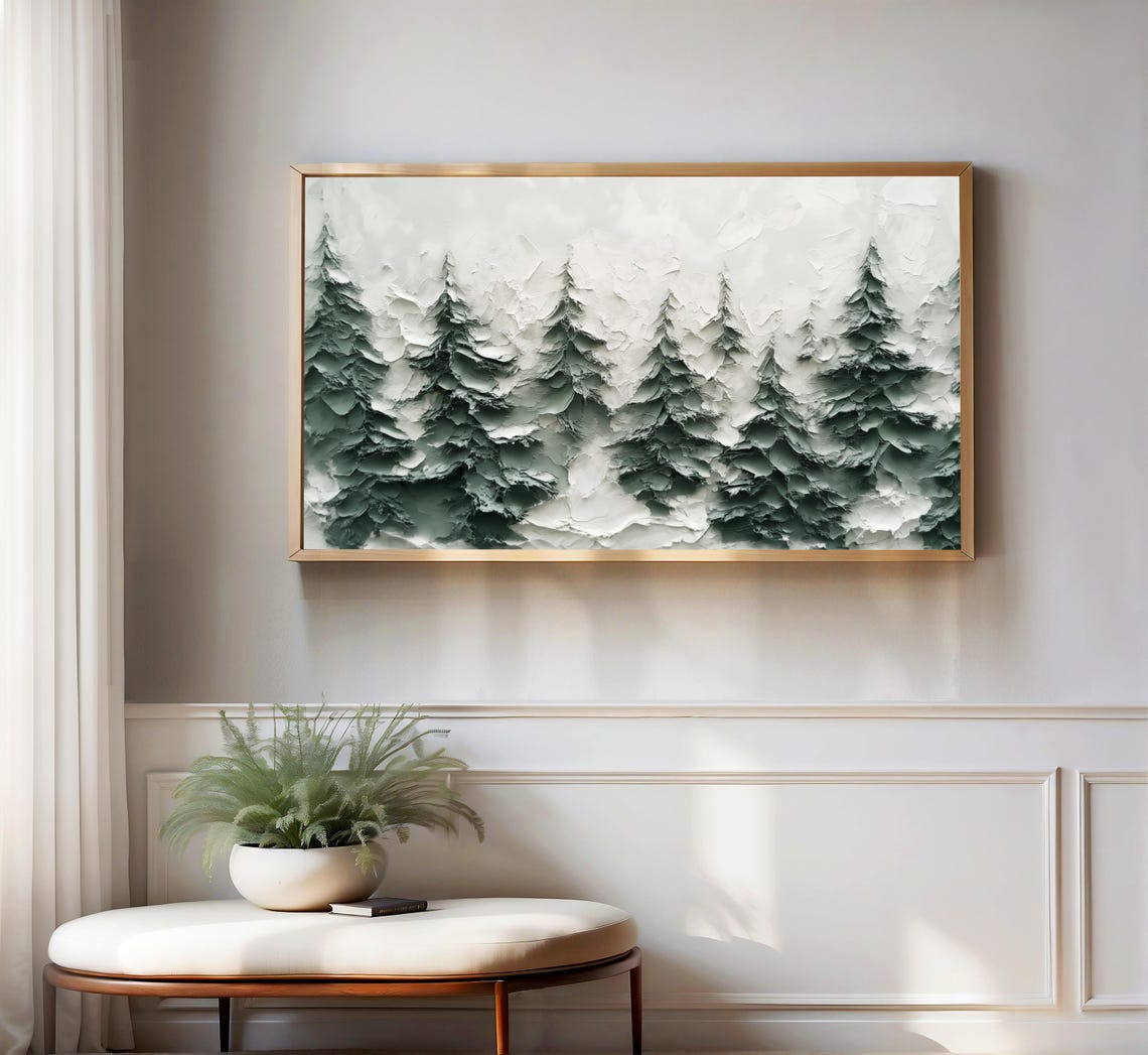 Textured Pine Forest Heavy Impasto Palette Knife Winter Art Poster - Image 3