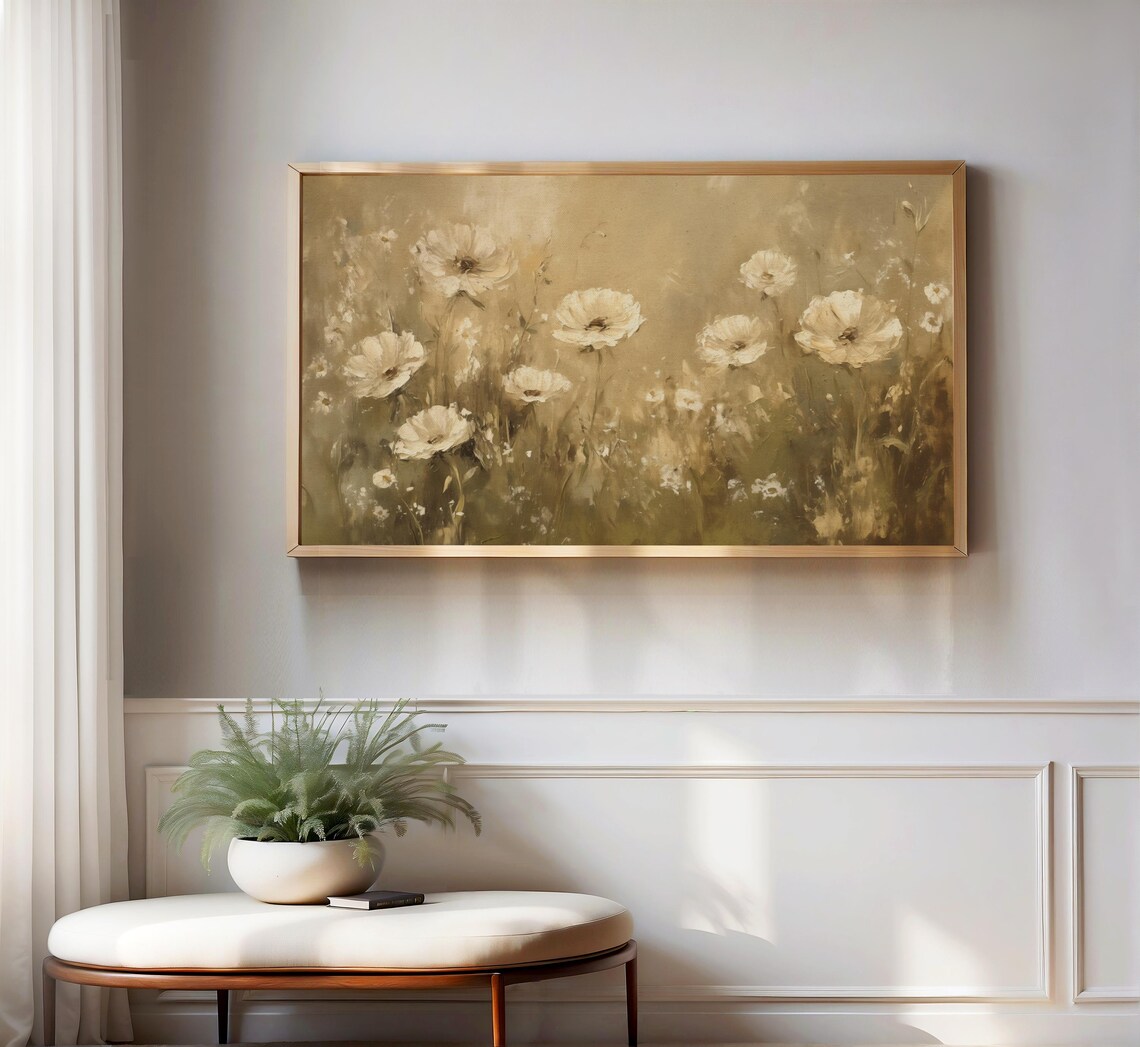 Cream Poppies In Golden Sepia Haze Soft Wildflower Meadow Art Print - Image 3