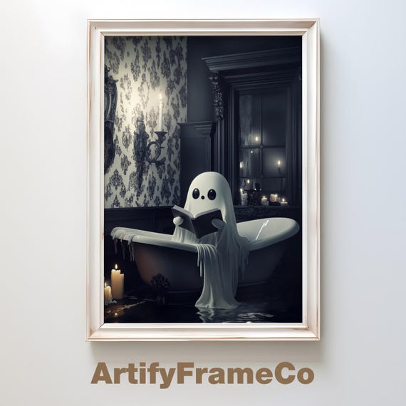 Cute Ghost Reading In Gothic Bathroom Art Spooky Halloween Decor Dark Academia Print Vintage Ghost Painting