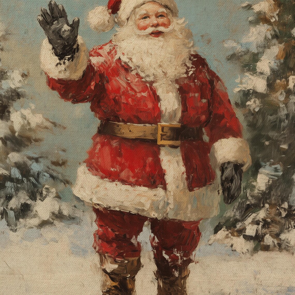 Vintage Santa Waving in Snow Cheerful Christmas Holiday Scene Poster - Image 4