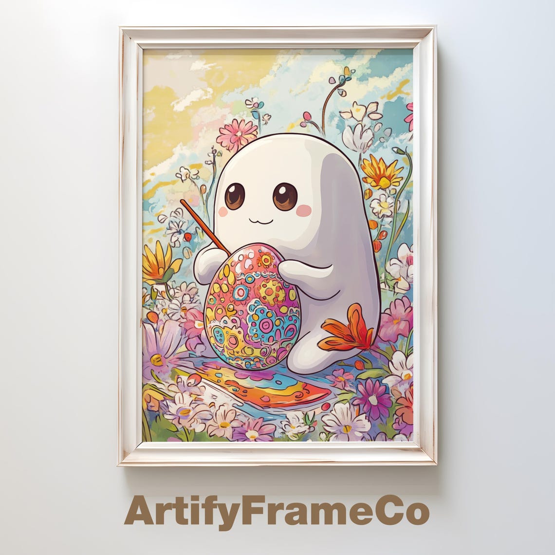 Cute Ghost Painting An Easter Egg Kawaii Spring Garden Poster