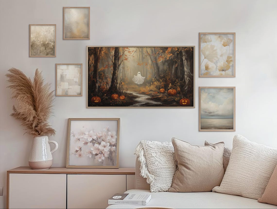 Cute Ghost Floating in Autumn Forest Path With Jack O Lanterns Poster - Image 2