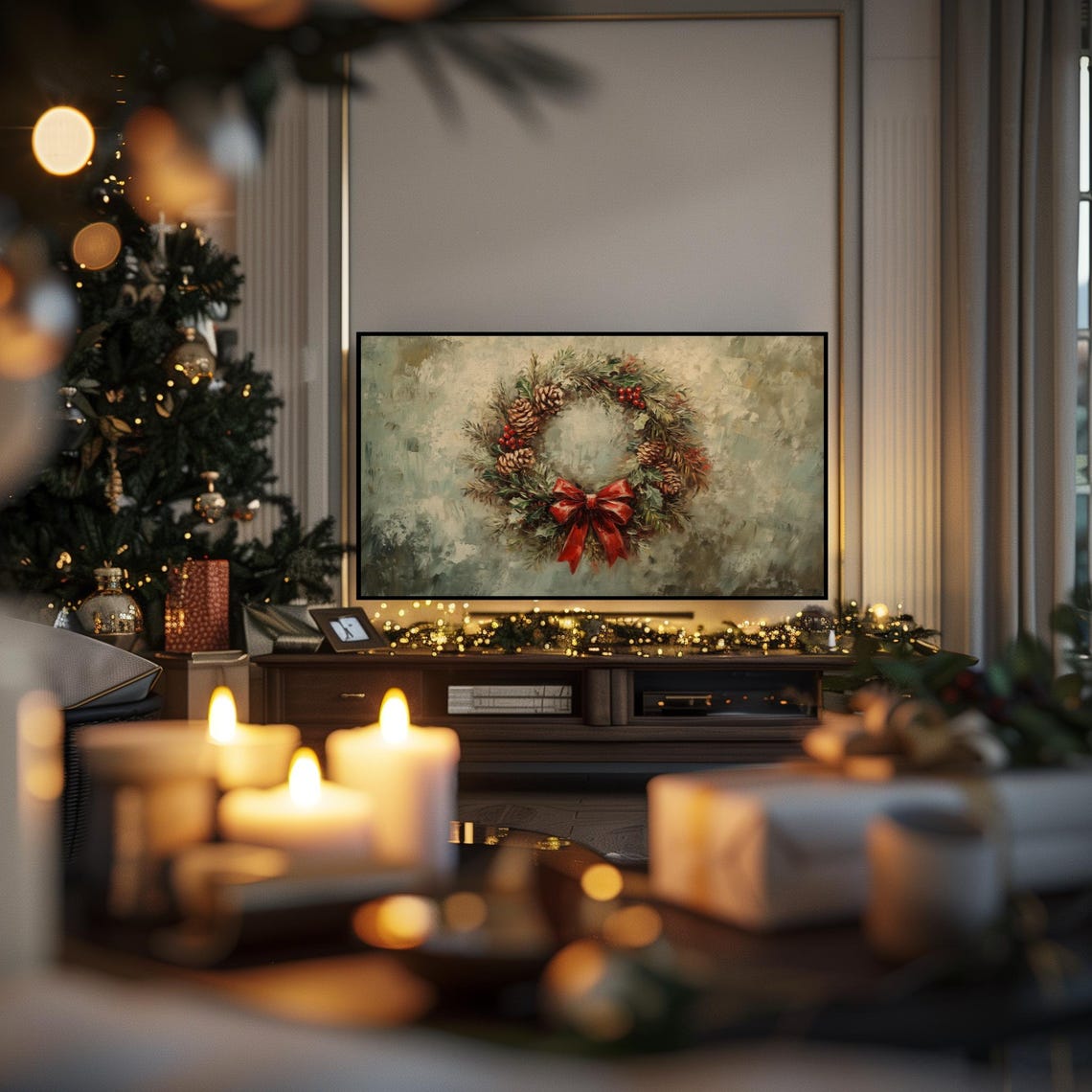 Rustic Christmas Wreath Red Bow Pinecones Berries Vintage Green Poster - Image 3