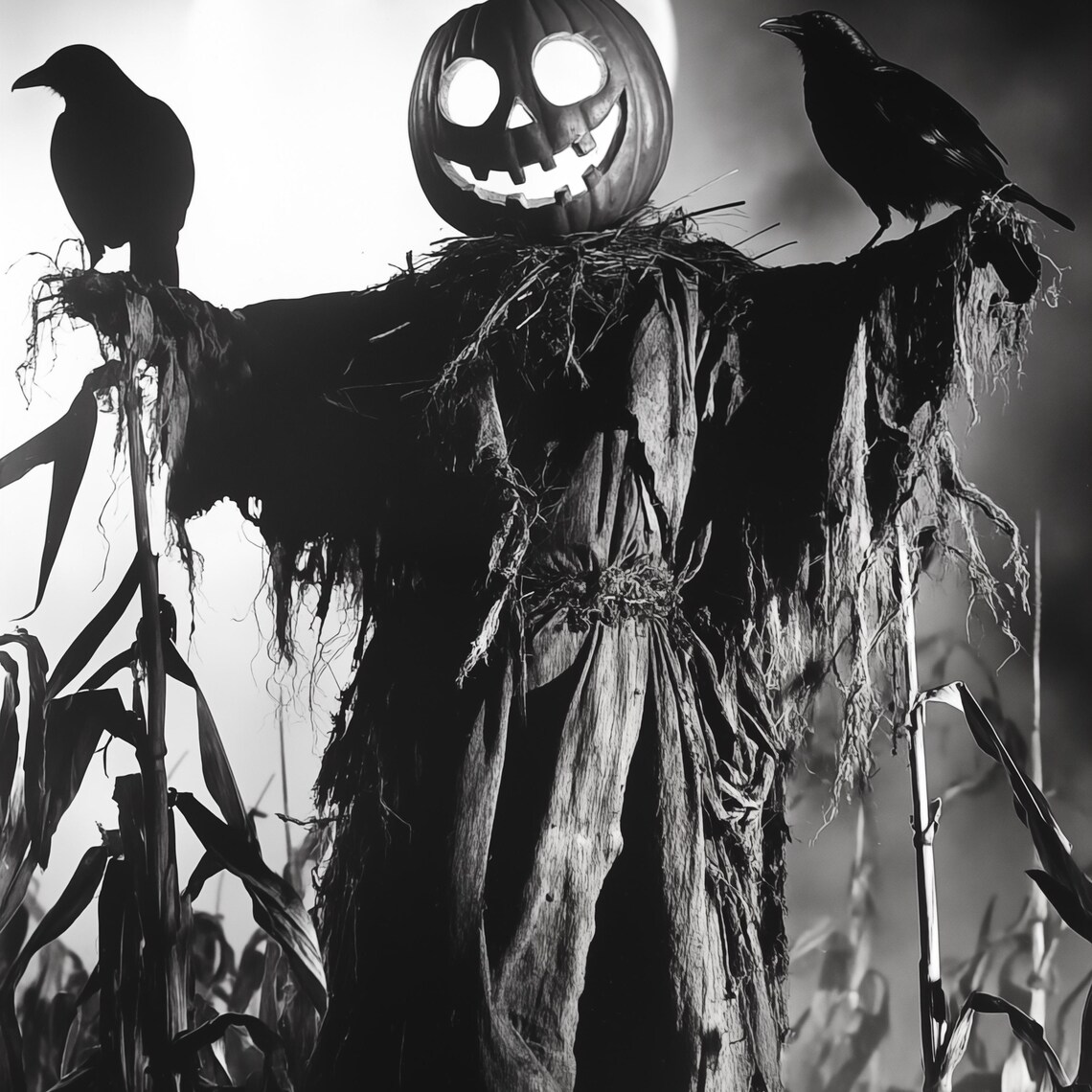 Pumpkin Head Scarecrow With Crows Under Full Moon Black White Halloween Wall Art - Image 4