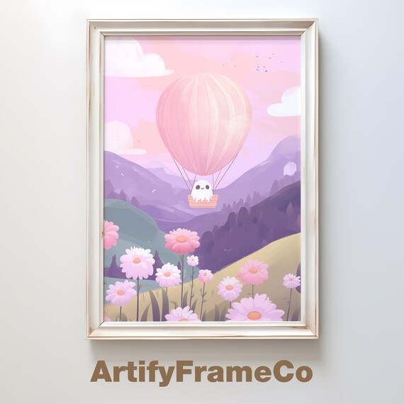 Cute Ghost Riding Pink Hot Air Balloon Over Flower Field Poster