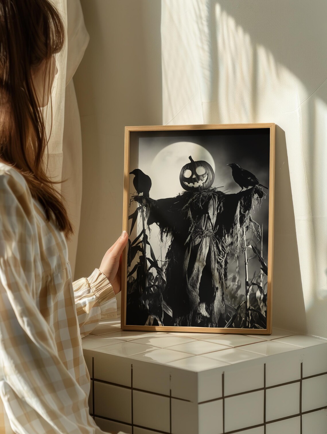 Pumpkin Head Scarecrow With Crows Under Full Moon Black White Halloween Wall Art - Image 2