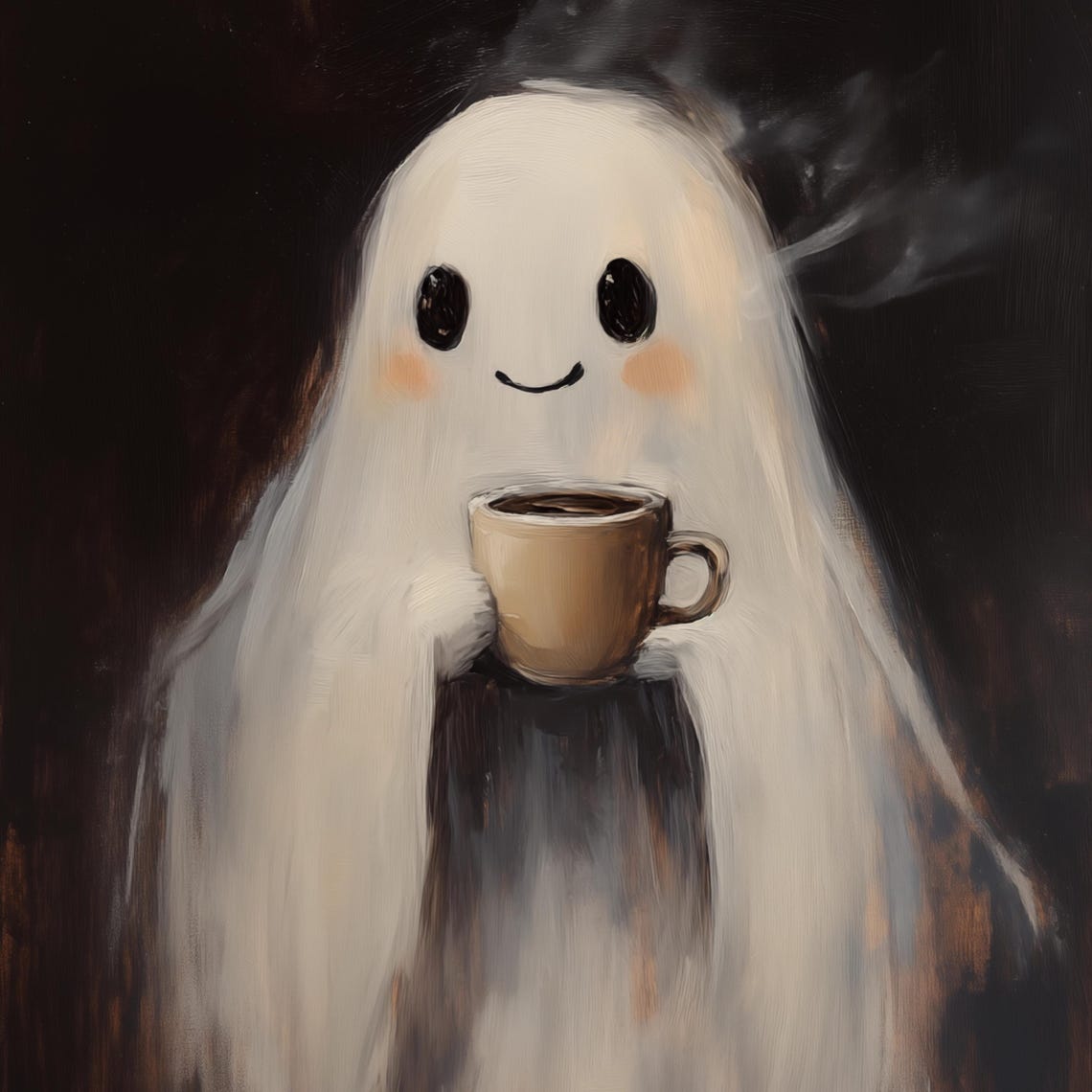 Cute Ghost Holding Coffee Cup Wall Art Spooky Halloween Vintage Ghost Painting Dark Academia Art For Kitchen - Image 4