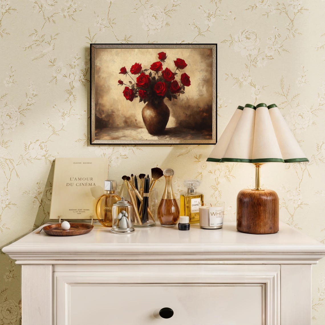 Red Roses in Bronze Vase Antique Floral Still Life Vintage Wall Poster - Image 2