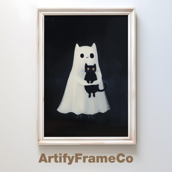 Cute Ghost Holding Black Cat Wall Art Spooky Halloween Decor Vintage Ghost Painting Dark Academia Art Humor