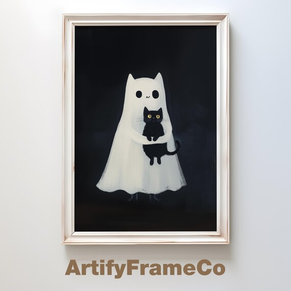 Cute Ghost Hugging Black Cat On A Dark Background Art Poster