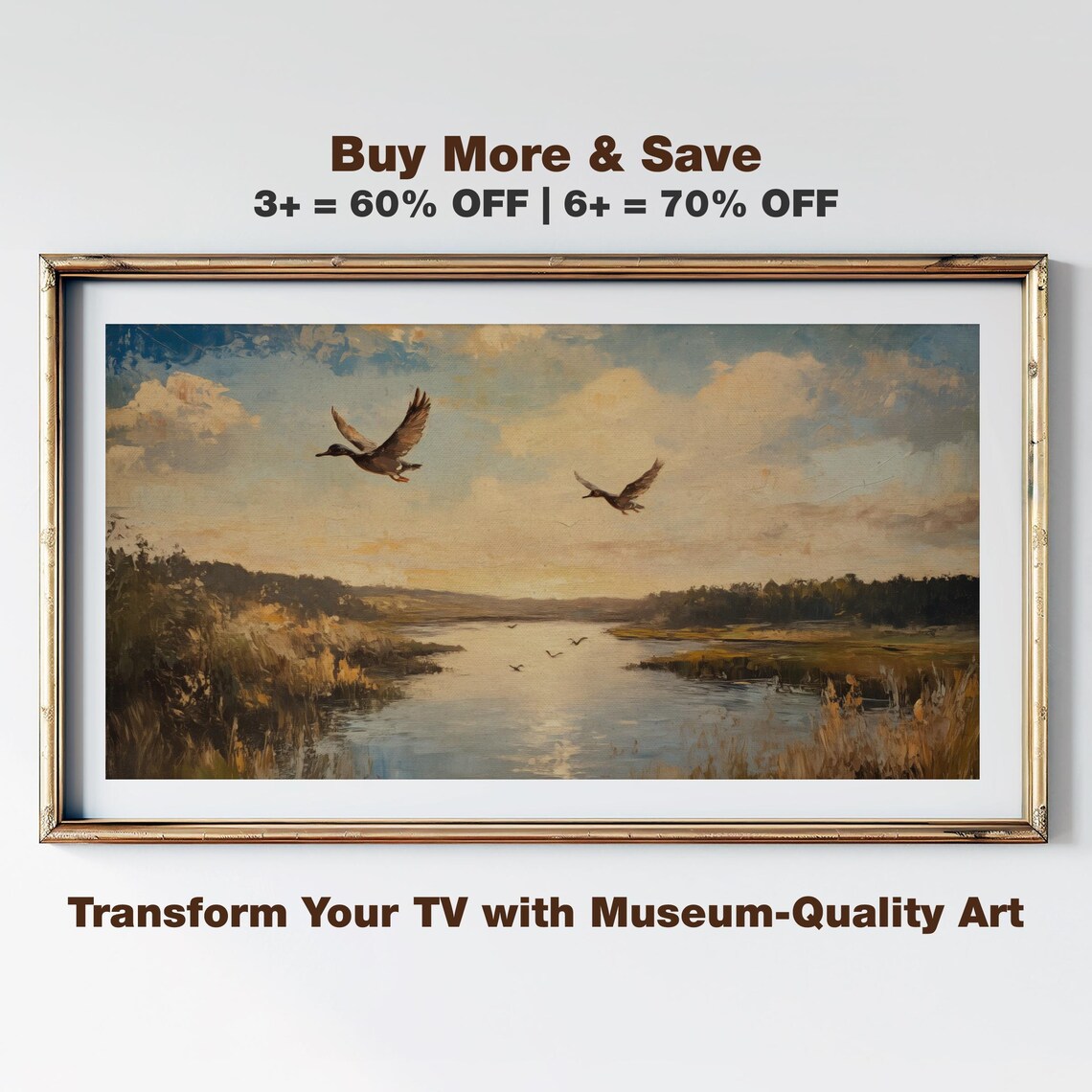 Flying Ducks Marsh Sunset Vintage Wildlife Frame TV Art Poster
