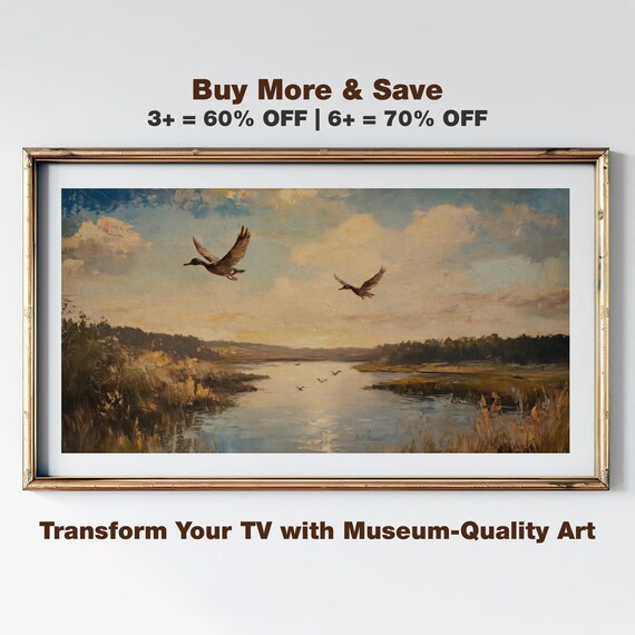 Flying Ducks Marsh Sunset Vintage Wildlife Frame TV Art Poster