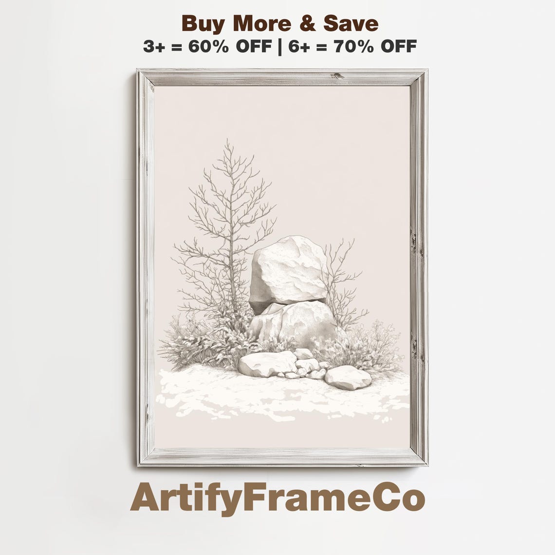Snow Covered Rocks With Bare Branches Winter Still Life Poster