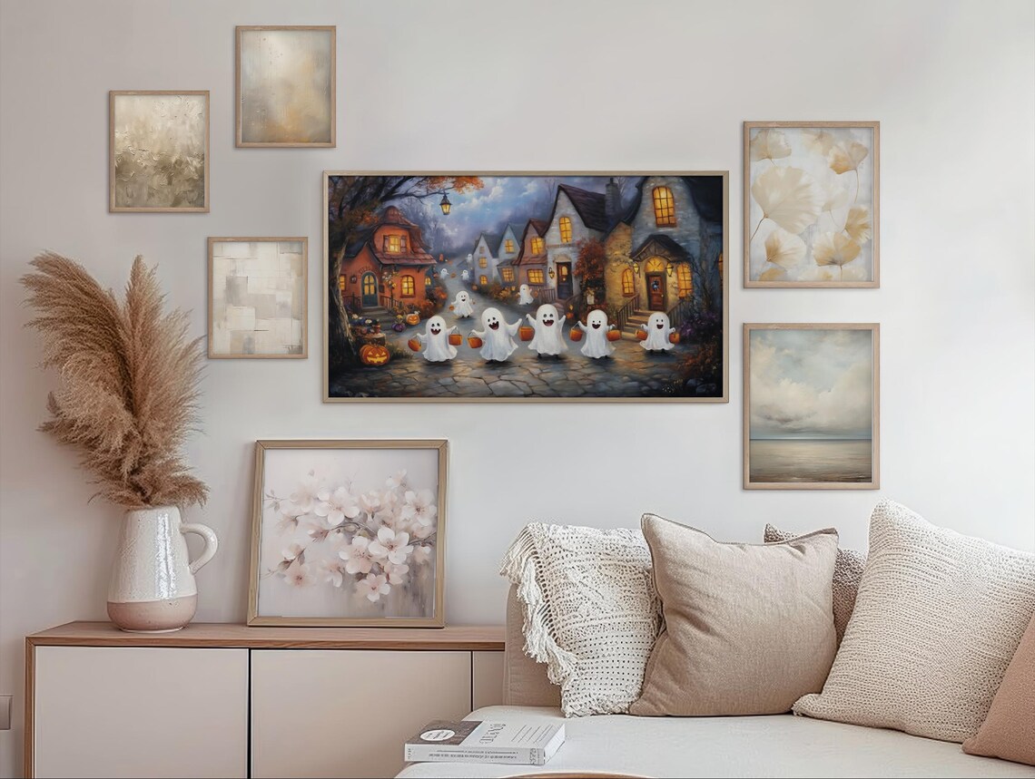 Ghost Children Trick or Treating in a Village Street Halloween Scene Wall Art - Image 2