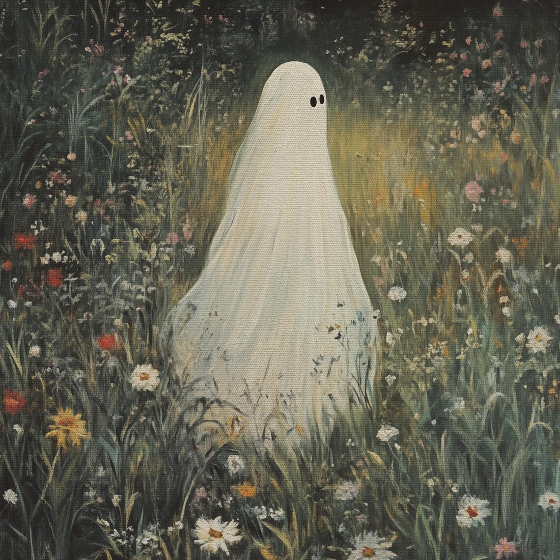 Ghost in a Wildflower Meadow at Night Vintage Halloween Oil Painting Wall Art - Image 4