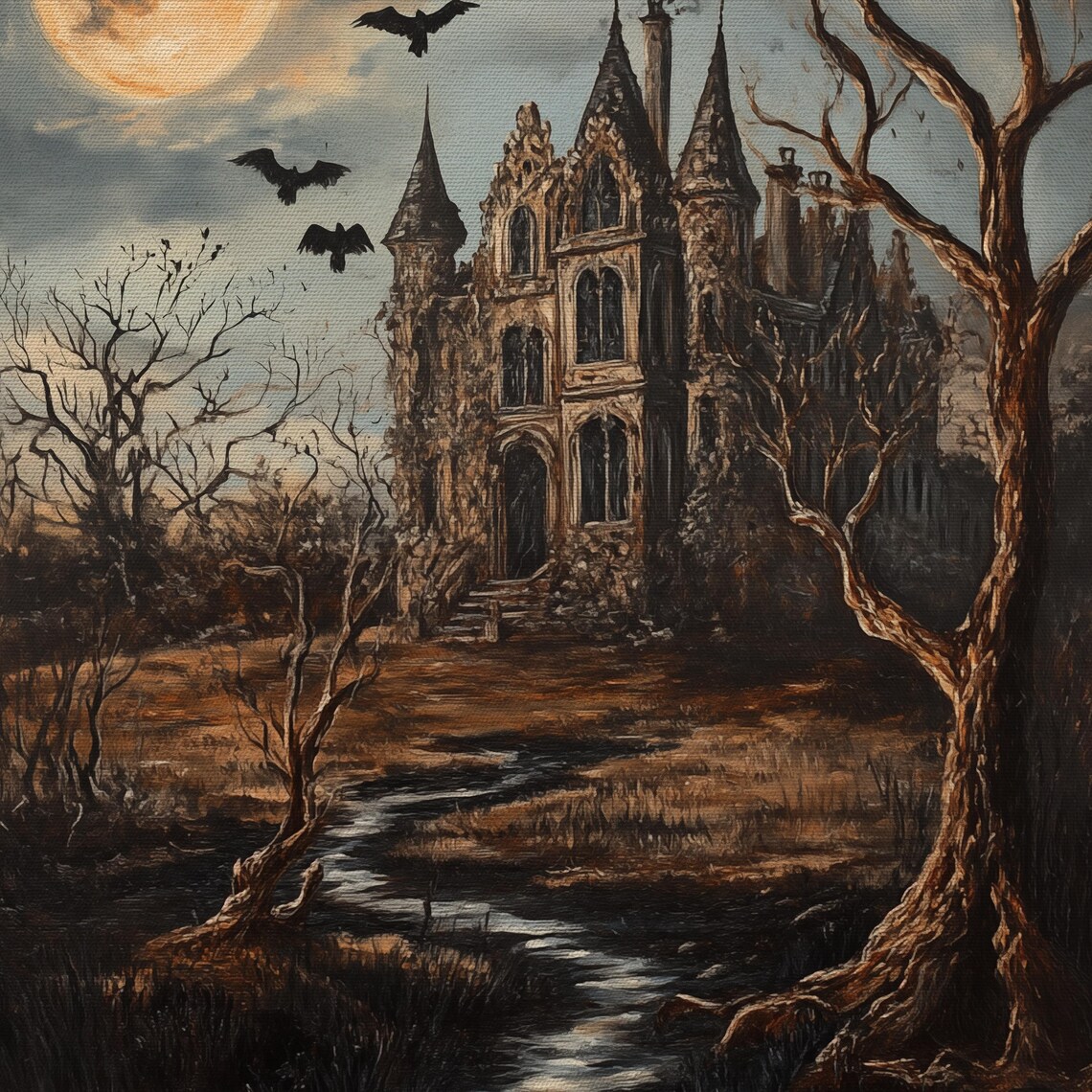 Haunted Gothic Mansion Under Full Moon With Bats Vintage Halloween Wall Art - Image 4