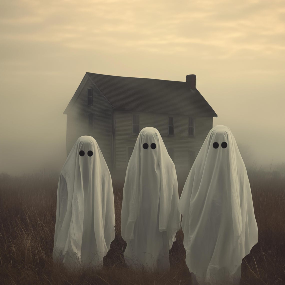 Three Sheet Ghosts In Field Before An Old House At Dusk Poster - Image 4