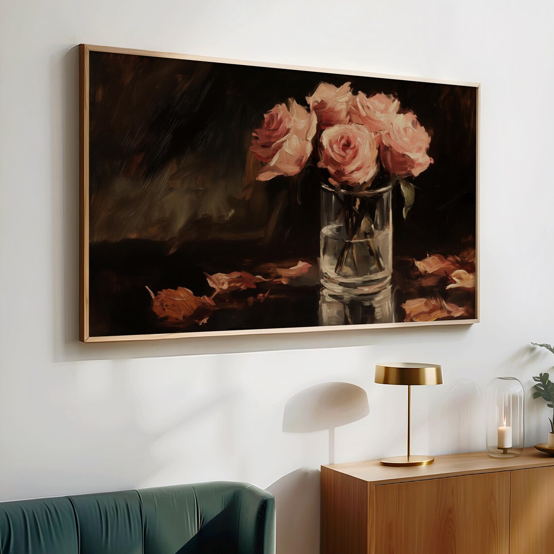 Pink Roses Glass Vase Dark Romantic Floral Oil Painting Poster - Image 2