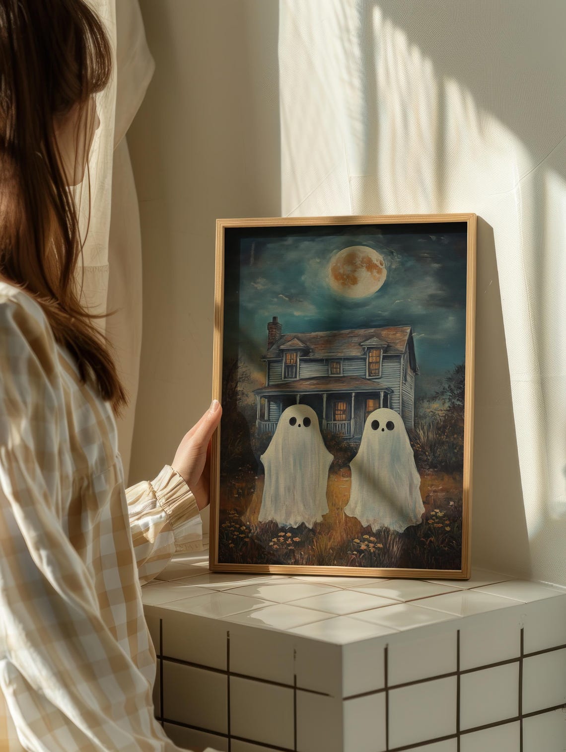 Two Ghosts Before Old House Under Full Moon Night Oil Poster - Image 2