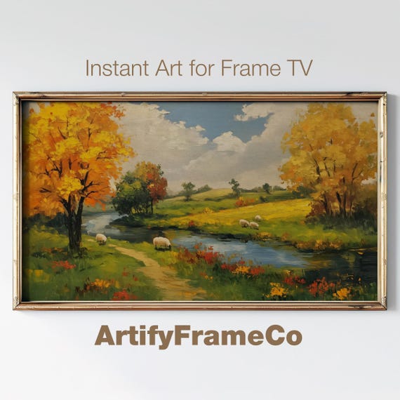 Vintage Meadow Landscape Frame Tv Art Rustic River Nature Painting Frame Tv Art Countryside Decor Classic Screensaver Tv060