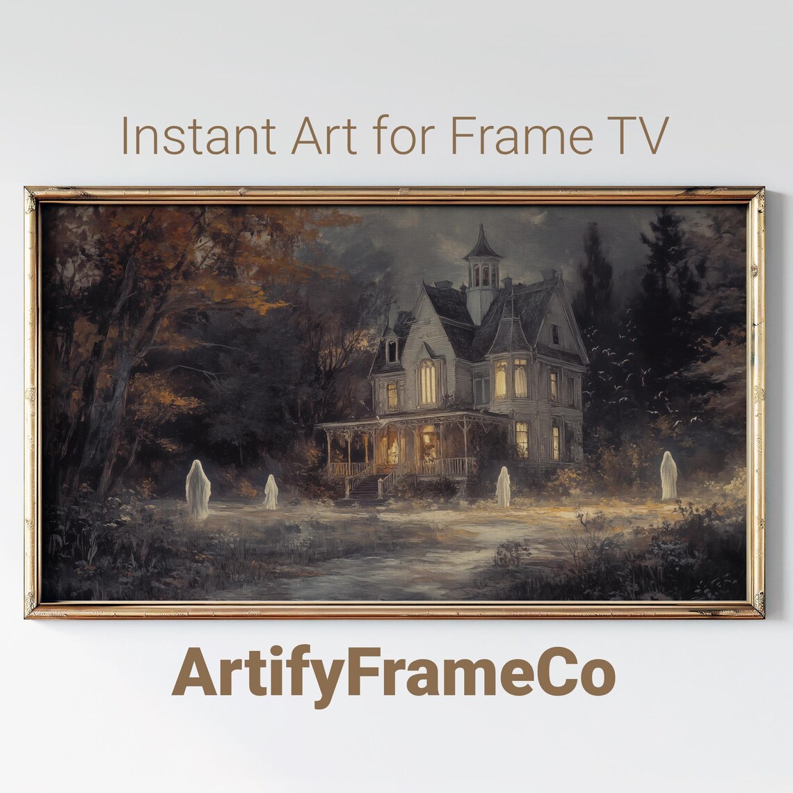 Victorian Manor Haunted by Ghosts at Night Vintage Spooky Halloween Wall Art