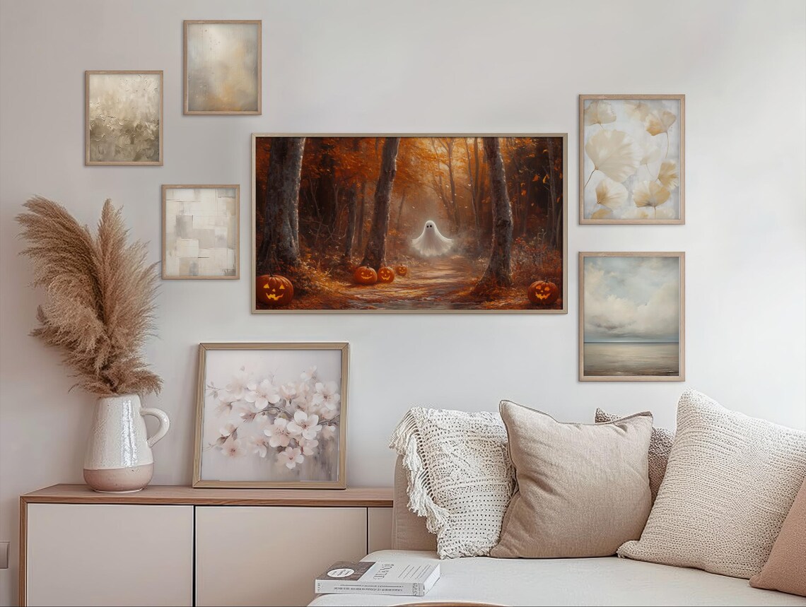 Ghost on a Jack O Lantern Lit Forest Path Autumn Vintage Halloween Wall Art - Image 2