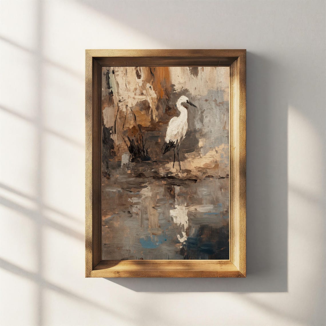 White Egret Wading Abstract Marsh Painting Earthy Tones Art Poster - Image 3