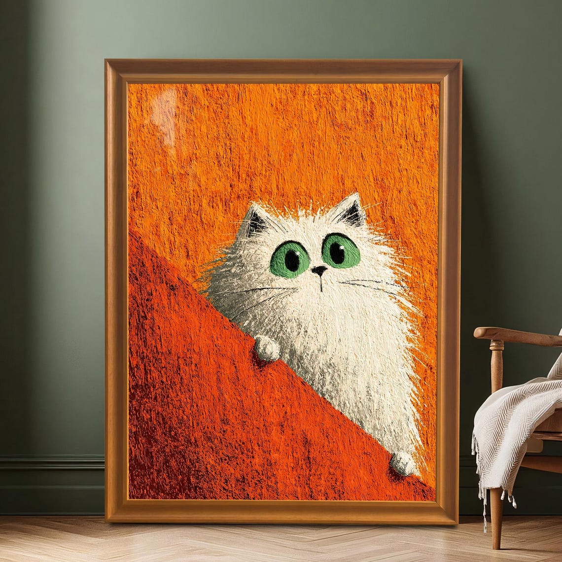 Fluffy White Cat With Green Eyes Orange Background Quirky Poster