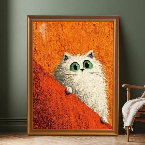 Fluffy White Cat With Green Eyes Orange Background Quirky Poster
