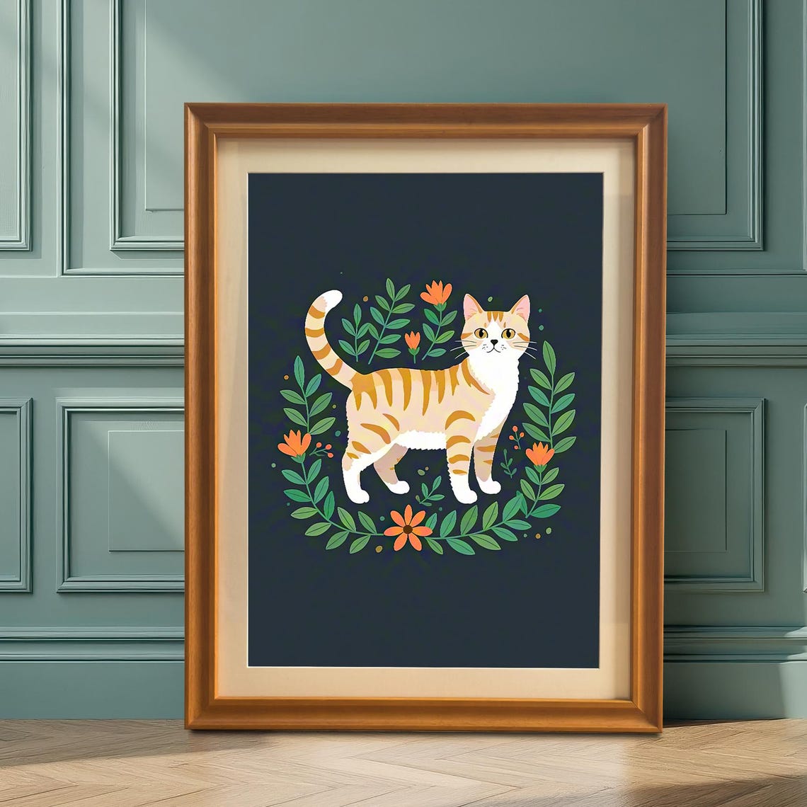 Ginger Tabby Cat With Floral Wreath Folk Art Portrait Poster