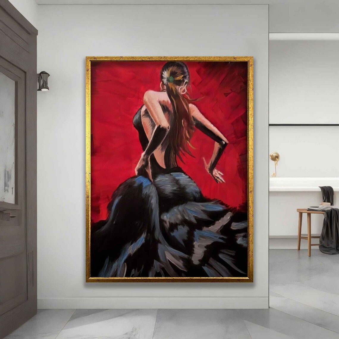 Flamenco Dancer Black Ruffled Dress Vivid Red Stage Passion Art Poster - Image 3