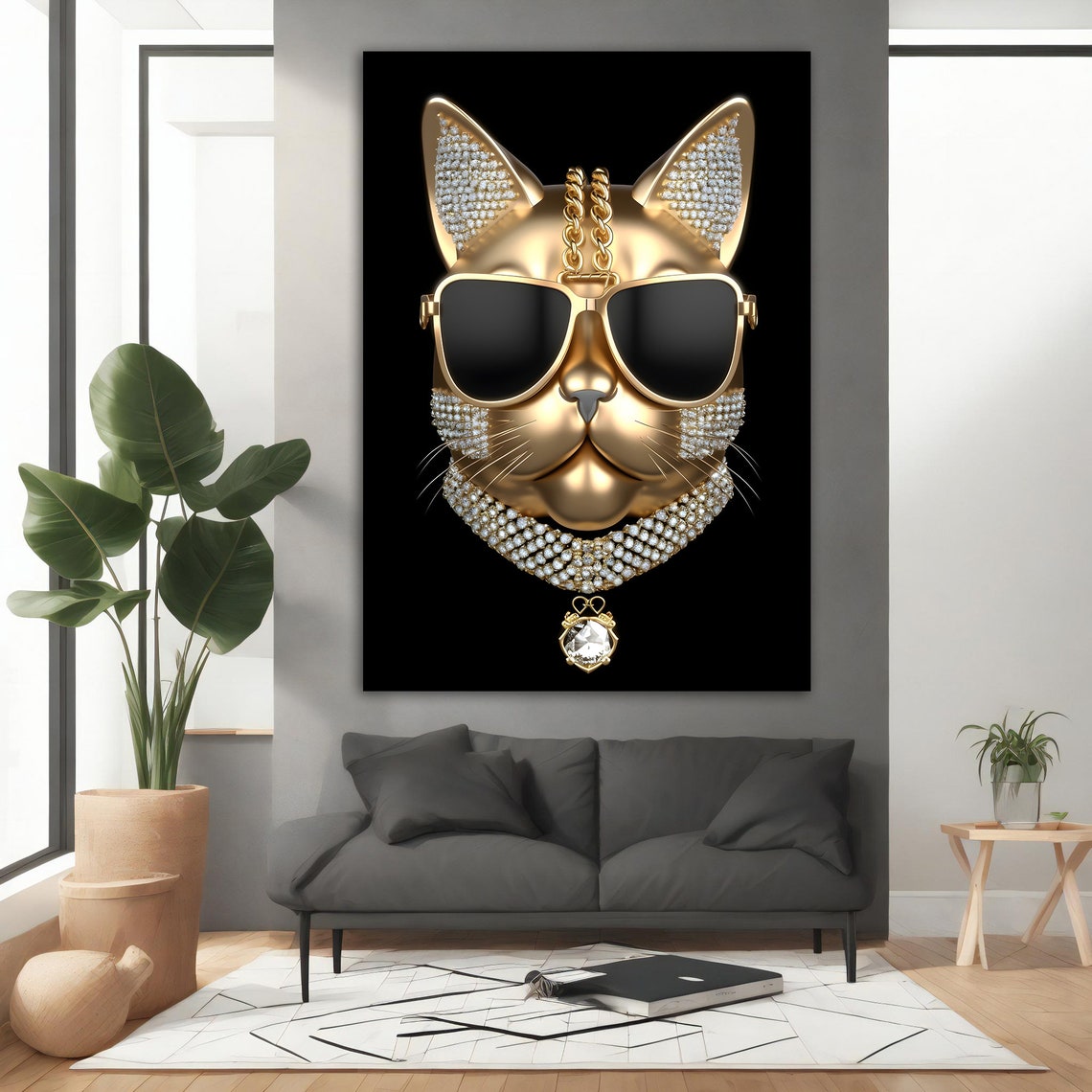 Golden Cat Wearing Sunglasses Diamond Collar Glamour Wall Art - Image 3