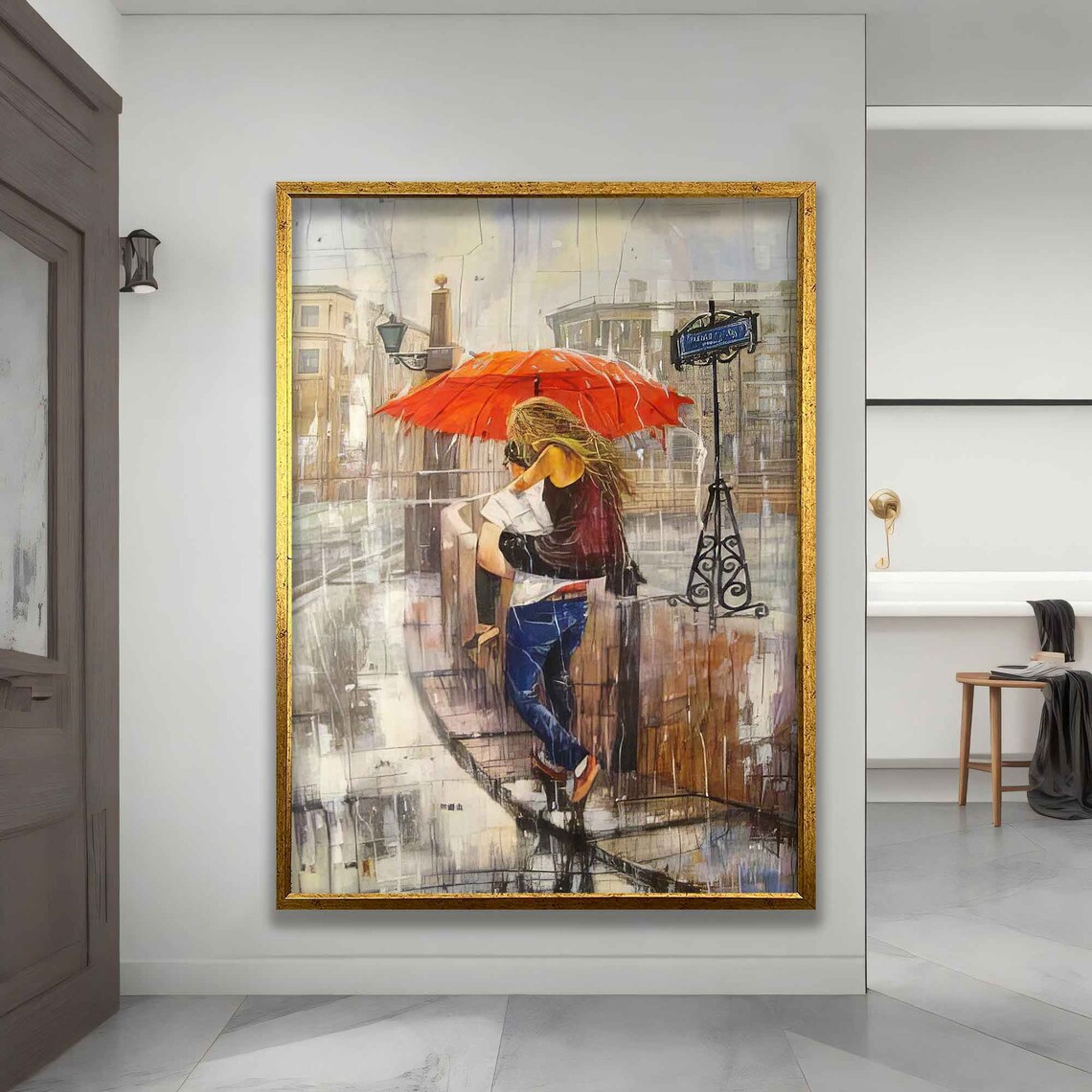 Lovers Kissing Under Red Umbrella Rainy Paris Street Romantic Poster