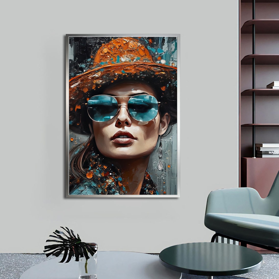 Woman with Sunglasses Hat Orange Blue Splash Portrait Art Poster - Image 3