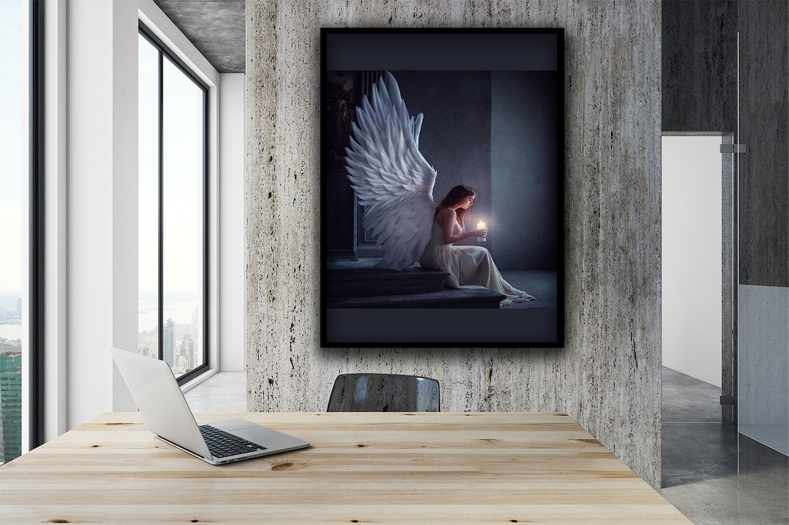 Winged Angel Woman Candle Light Dark Night Guardian Serene Wall Art Poster - Image 2