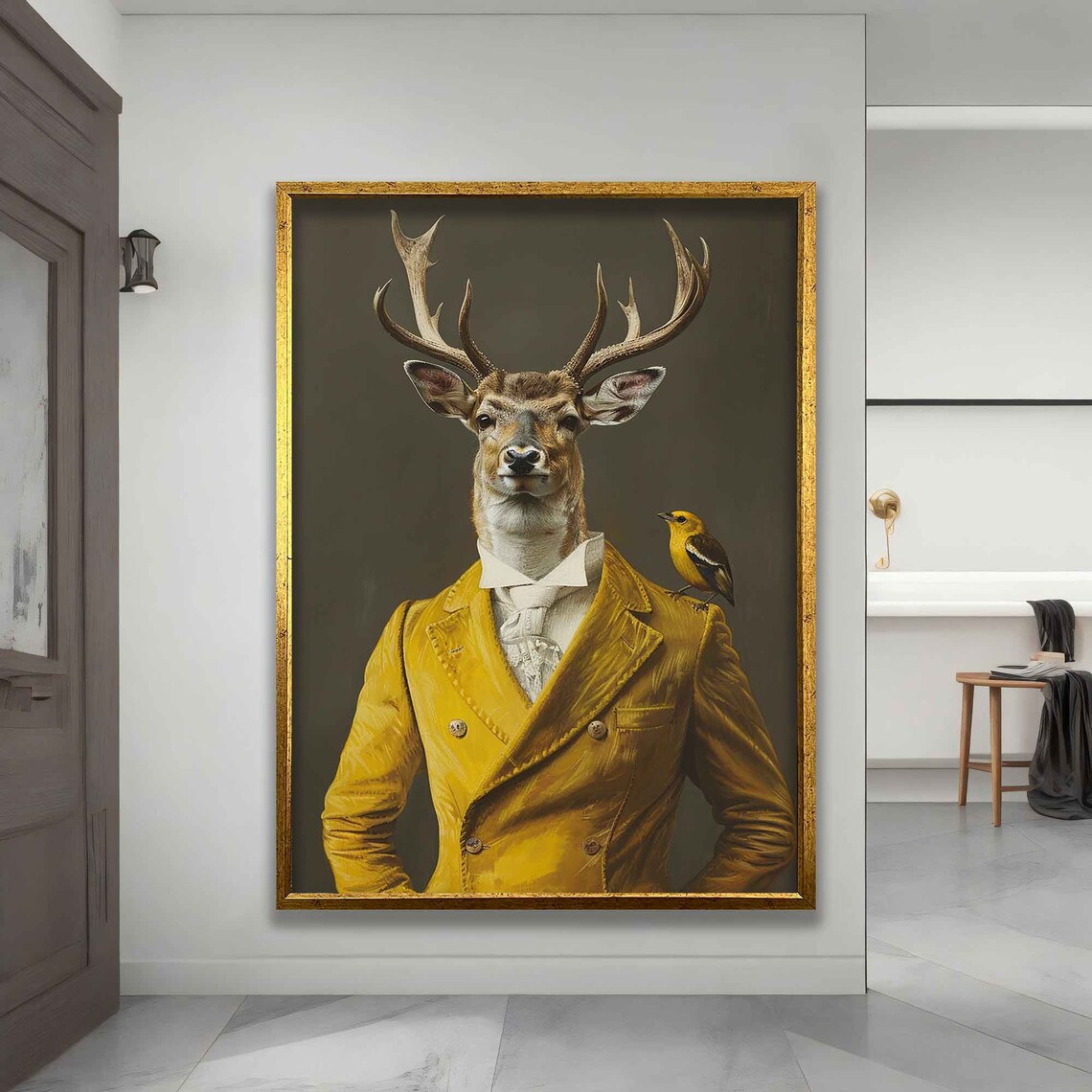 Regal Stag Mustard Yellow Suit Small Bird On Shoulder Surreal Art Poster - Image 3