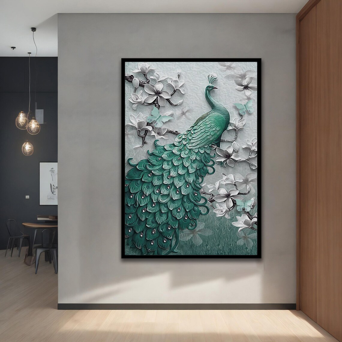 Green Peacock Among White Blossoms Butterflies Elegant Poster - Image 4