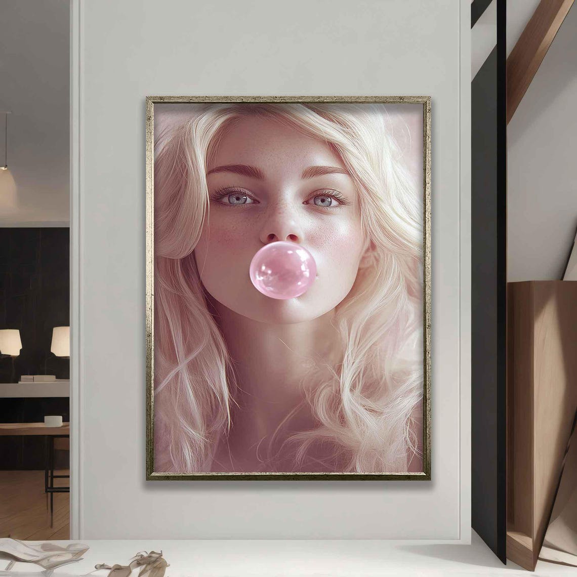 Freckled Blonde Woman Blowing Pink Bubble Gum Close Up Portrait Poster - Image 5